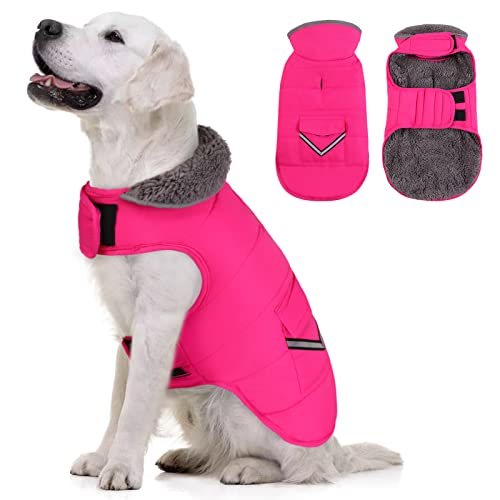 MIGOHI Warmer Hundemantel, Winter-Hundejacke für kaltes Wetter, reflektierende, winddichte Hunde-Fleece-Weste, dicke Hundebekleidung mit Leinenloch und pelzigem Halsband für Welpen, kleine, mittelgroße und große Hunde, Rosa M von MIGOHI