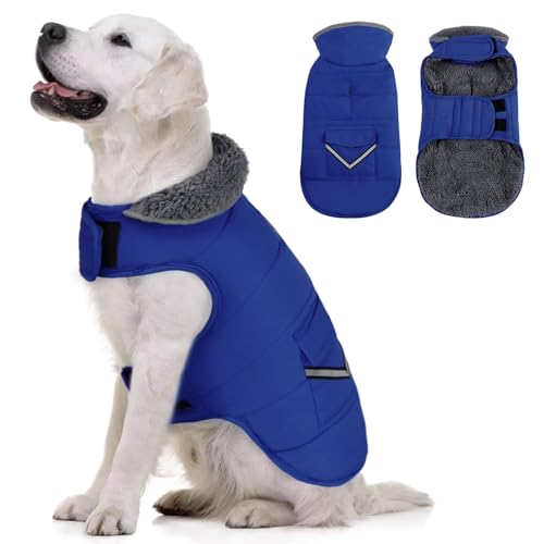 MIGOHI Warmer Hundemantel, Winter-Hundejacke für kaltes Wetter, reflektierende, winddichte Hunde-Fleece-Weste, dicke Hundebekleidung mit Leinenloch und pelzigem Halsband für Welpen, kleine, mittelgroße und große Hunde, Blau M von MIGOHI