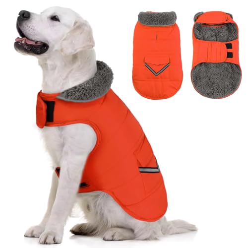 MIGOHI Warmer Hundemantel, Winter-Hundejacke für kaltes Wetter, reflektierende, winddichte Hunde-Fleece-Weste, dicke Hundebekleidung mit Loch für die Leine und pelzigem Kragen für Welpen, kleine, von MIGOHI