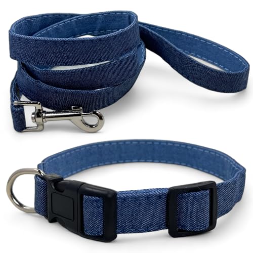 MIJOMA Hundeleine und Hundehalsband Set - 1,20m Leine, verstellbares Halsband, verschiedene Designs, robust und stilvoll (blau Jeansstoff) von MIJOMA