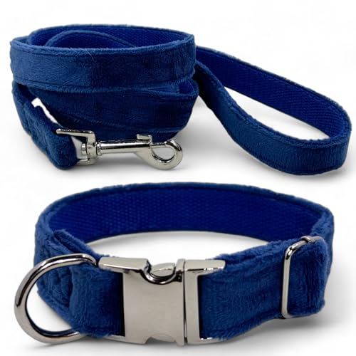 MIJOMA Hundeleine und Hundehalsband Set - 1,20m Leine, verstellbares Halsband, verschiedene Designs, robust und stilvoll (blau Samt Velours) von MIJOMA