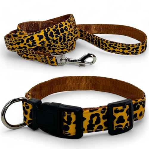 MIJOMA Hundeleine und Hundehalsband Set - 1,20m Leine, verstellbares Halsband, verschiedene Designs, robust und stilvoll (gelb Leopardenmuster) von MIJOMA