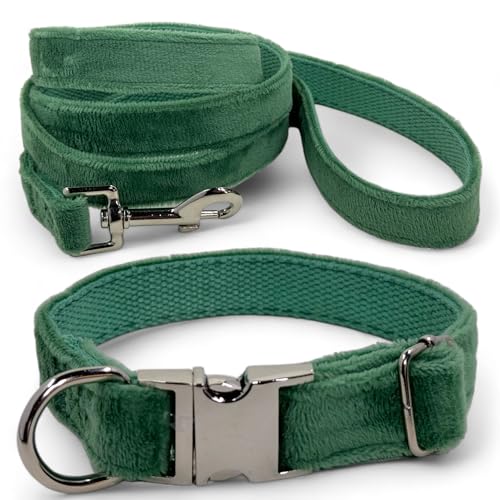 MIJOMA Hundeleine und Hundehalsband Set - 1,20m Leine, verstellbares Halsband, verschiedene Designs, robust und stilvoll (grün Samt Velours) von MIJOMA