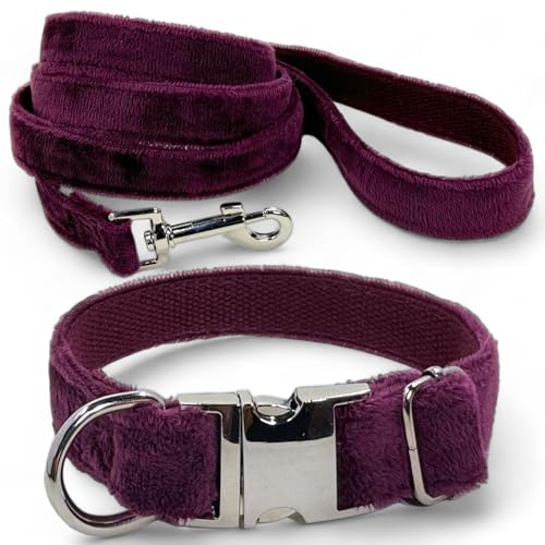 MIJOMA Hundeleine und Hundehalsband Set - 1,20m Leine, verstellbares Halsband, verschiedene Designs, robust und stilvoll (violett Samt Velours) von MIJOMA