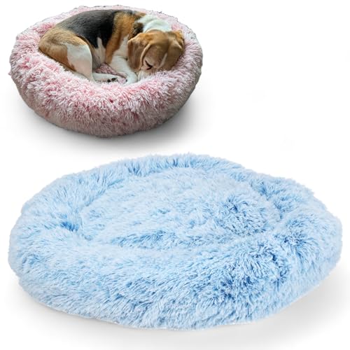 MIJOMA Kuschelweiches Hundekörbchen – Liegeplatz für Hunde – Anti-Rutsch, waschbar, plüschig, rund Ø60 x 16cm (Blau) von MIJOMA