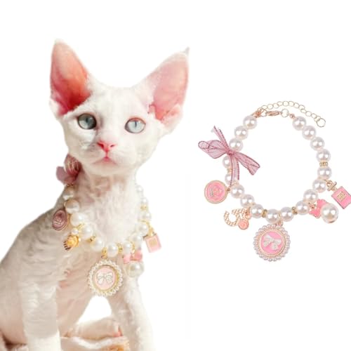 Hundehalsband mit verstellbarer Schleife, Perlen-Design, kleine Größe, für Katzen und kleine Hunde (Rosa) von MIKITOYzone