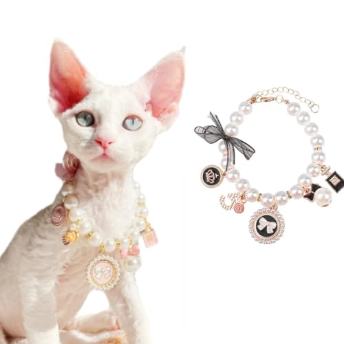 Hundehalsband mit verstellbarer Schleife, Perlen-Design, kleine Größe, für Katzen und kleine Hunde (schwarz) von MIKITOYzone
