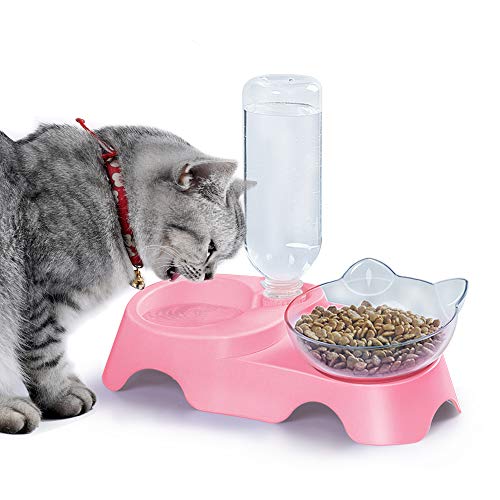 MILIFUN Doppel Hund Katze Näpfe - Haustiere Wasser und Futternapf Set, 15°geneigter Wasser- und Futternapf Set mit automatischer Bewässerungsflasche für kleine oder mittelgroße Hunde Katzen von MILIFUN