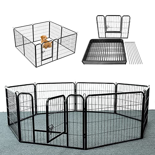 Shishi Welpenlaufstall, faltbar, Schutzbarriere, 8 Paneele, Set, Metallzaun mit Tür, Sicherheitsbarriere, Metallgehege mit Tür für Innen und Außen (Schwarz, 640 x 60 cm) von MINGYI