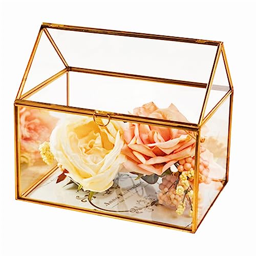 MINGZE Geometrisches Terrarium, in Form eines geschlossenen Hauses, aus Glas, Pflanze mit Blumen, Moss Fern mit Schwingdeckel (Gold) von MINGZE