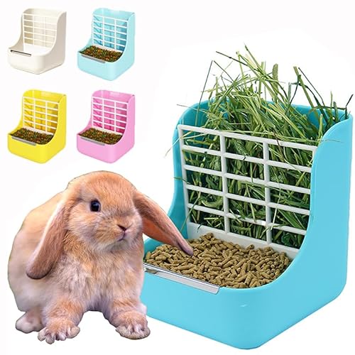 MINGZE Hay Lebensmittel Bin für Kaninchen, Chinchillas, Große Meerschweinchen, Hängendes Heu und Futter 2-in-1-Zuführung (Blau) von MINGZE