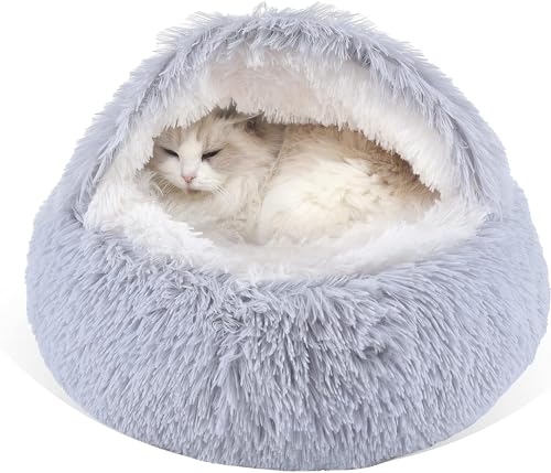 Gavenia Katzenbett, rund, flauschig, mit Kapuze, Katzenbett, Höhle mit nicht gefaltetem Plüschbezug, Katzenbett, Donut für Indoor-Katzen, beruhigende Hundebetten und Katzen, rutschfeste und wasserdichte Unterseite, waschbares Bett für verbesserten Schlaf von MINIBIRD