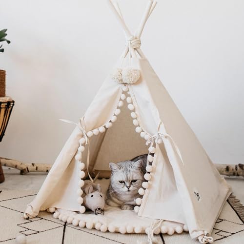 MINICAMP Katzenbett Höhle, Hundehöhle Kleine Hunde - Gemütlicher Haustier Tipi Zelt für Katzen, Hunde und Kaninchen - Stabile Konstruktion Hundebett mit Dach aus 100% Baumwolle (Klein S) von MINICAMP