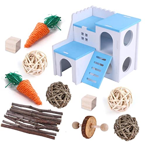 MISUVRSE Hamster Spielzeug Set Vogelkäfig Hängespielzeug Handgewebte Rattan-Bälle Holz-Villa Kauspielzeug Papagei Klettern Spielzeug Kleintier Geschenk Hamster Set Zweig Kauen von MISUVRSE