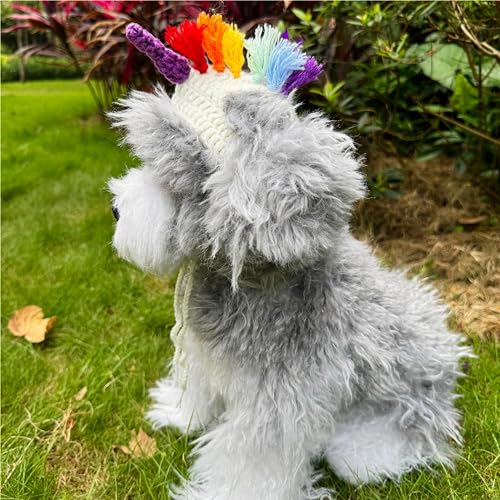 MITOCAPY Einhorn-Weihnachtsmütze und Katzenhut, handgefertigt, gestrickt, lustiges Hundekostüm, Hundehut für kleine Hunde, Geburtstagshut, Katzenpartyhut (Regenbogen) von MITOCAPY