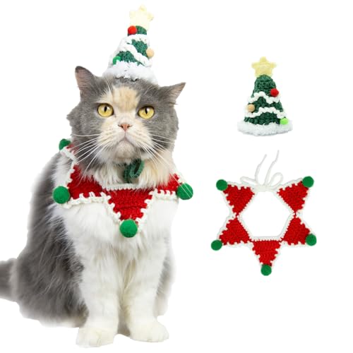 MITOCAPY Handgefertigtes Katzen-Weihnachtskostüm mit Katzenhut und Hundehalstuch mit Hundemütze, gestricktes Katzen-Outfit mit geräuschloser Glocke, verstellbare Passform, fünfzackige Sternkleidung von MITOCAPY