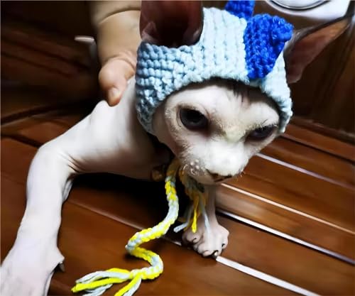 MITOCAPY Handgefertigtes Katzenkostüm, blauer Dinosaurier-Katzenhut und Hundehut, lustiges Katzen-Outfit mit verstellbarer Kordel, gestrickte Hundekleidung für Welpen und Katzen, Hunde-Geburtstagshut, von MITOCAPY