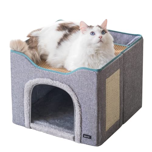 MIU PET Großes faltbares 2-in-1-Katzenhaus für Indoor-Katzen, Upgrade Katzenhaus & Schlafbett, 2 wendbare Kissen & Sommer-Schlafmatte, geeignet für alle Jahreszeiten, Katzenversteck mit Kratzkissen von MIU PET