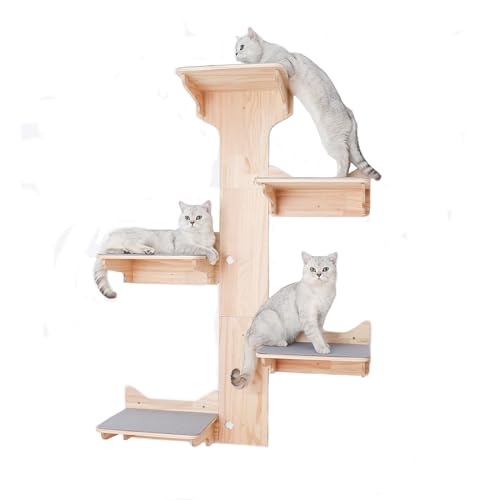 MIUZMORE Katzen Kletterwand, 8-teiliges Set Kiefer Katzenregale für Wand, inklusive Katzenwandstufen und Katzenkratzmatte, Katzen Kletterwand Set von MIUZMORE