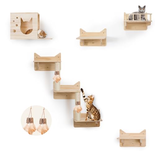 MIUZMORE Kiefer Katzen-Wandregale, 5er Set Katzenwandmöbel, Katzenkratzbaum mit 3 Stufen, Katzen-Sitzstange, Katzenhaus und Katzenhütte, 4 Katzenspielzeug - Katzenregale für Wand von MIUZMORE