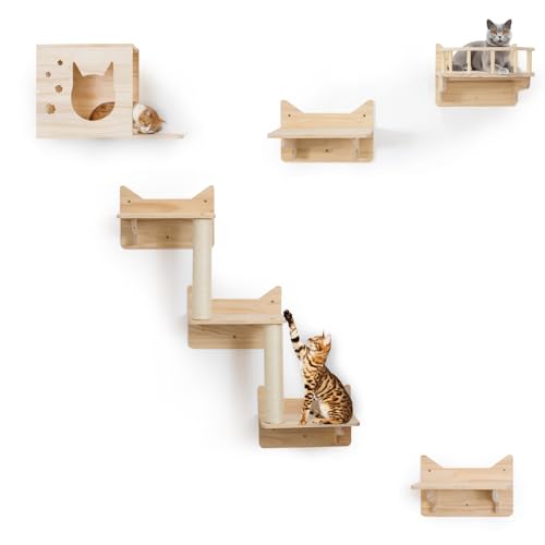 MIUZMORE Katzen Kletterwand aus Kiefernholz, Set mit 5 Kletterwand Katzen, Katzenkratzbaum mit 3 Stufen, Katzensitzstange, Katzenhaus und Katzenwohnung – Katzen Kletterwand Set von MIUZMORE