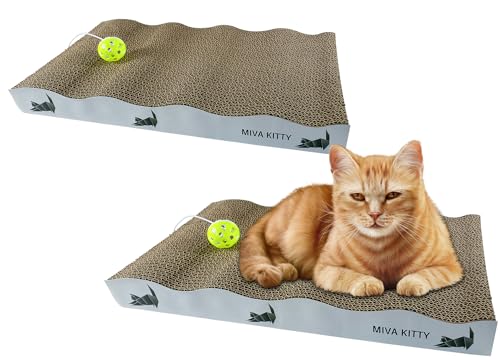 MIVA KITTY Katzenkratzer - 2 Stück Kratzmatte aus Karton mit Ball & Katzenminze, Katzenkratzbaum für Indoor Katzen, Möbelschutz vor Katzen Kratzen, Katzenkratzbett zum Spielen & Schlafen von MIVA KITTY