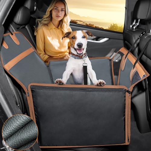 MIXJOY Harter Boden Hund Autositz für mittelgroße Hunde, PU-Leder große & kleine Hunde Autositzbezug für Rücksitz, Hund Reise Autobett mit waschbarem abnehmbarem Bezug, Halbsitz Hundehängematte mit von MIXJOY