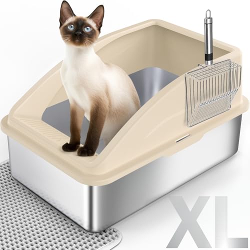 Katzentoilette aus Edelstahl, extra große Katzentoiletten für große Katzen, Anti-Urin-Leckage XL-Katzentoilette mit hohen Seiten, Xlarge Metall-Katzentoilette mit Deckel, leicht zu reinigen, von MIXJOY