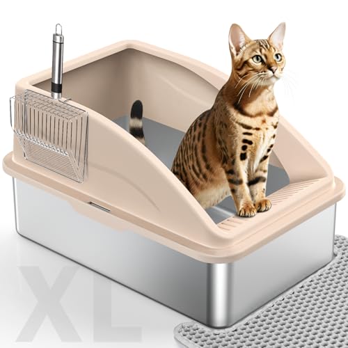 Katzentoilette aus Edelstahl, extra große Katzentoiletten für große Katzen, Anti-Urin-Leckage XL-Katzentoilette mit hohen Seiten, Xlarge Metall-Katzentoilette mit Deckel, leicht zu reinigen, von MIXJOY