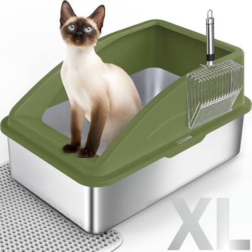 Katzentoilette aus Edelstahl, extra große Katzentoiletten für große Katzen, Anti-Urin-Leckage XL-Katzentoilette mit hohen Seiten, Xlarge Metall-Katzentoilette mit Deckel, leicht zu reinigen, von MIXJOY