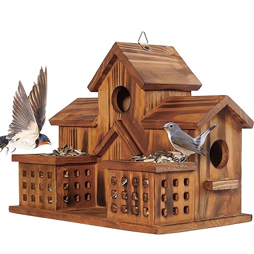 MIXUMON Vogelhäuser für draußen mit Vogelfutterstation, Outdoor 3 Loch Vogelhaus Zimmer für 3 Vogelfamilien Bluebird Finken Kardinäle Hängendes Vogelhaus für Garten von MIXUMON