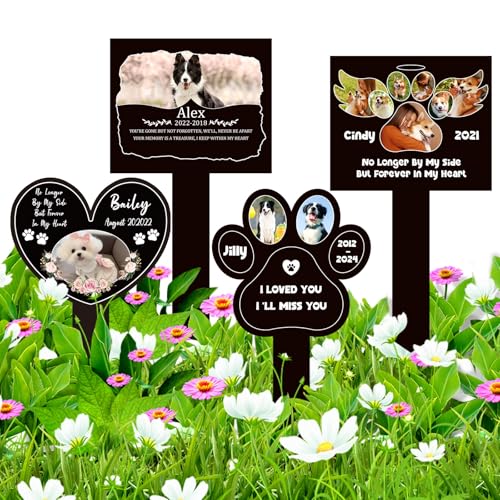 MJARTORIA Personalisiert Hund Katze Grabplatte Grabstecker mit Namen Datum Foto aus Acryl, Individuelles Grabschmuck Wetterfest Herz für Tiergrab Grab von MJARTORIA