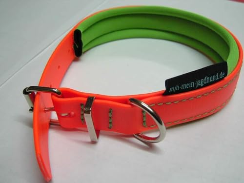 MJH BioThane® Halsband orange, gefüttert, vernäht, verstellbar, 25mm breit mit Neopren grün unterlegt (30-36cm) von MJH