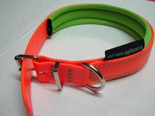 MJH BioThane® Halsband orange, gefüttert, vernäht, verstellbar, 25mm breit mit Neopren grün unterlegt (40-46cm) von MJH