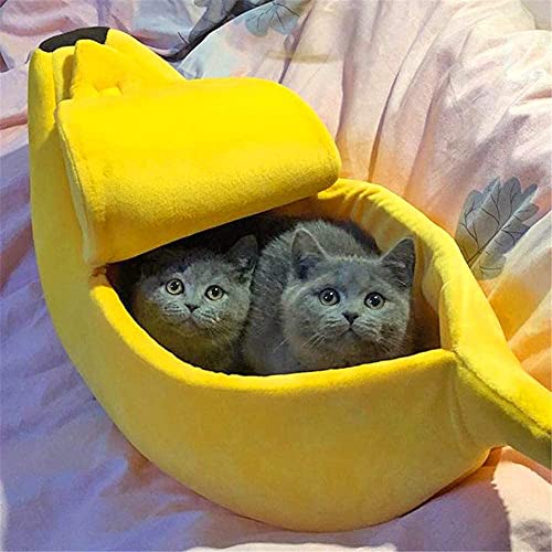 MJUHNHH Katzenbett, niedliches Bananen-Katzenkissen für Katzen, warm, weich, klein, mittelgroß, groß, für Katzen und Hunde, Sofa, zum Schlafen oder Ausruhen, schönes Haustierzubehör für Katzen, Kätzchen (Farbe: Gelb, Größe: L) von MJUHNHH