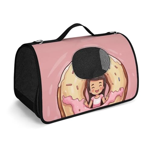 MKLYR Haustier-Tragetasche, Mädchen- und Donut-bedruckte Haustier-Funktions-Handtasche, atmungsaktives Netzgewebe, weiches Kissen, tragbare Tragetasche für Katzen und kleine Hunde, 45 x 26 x 23,5 cm, von MKLYR