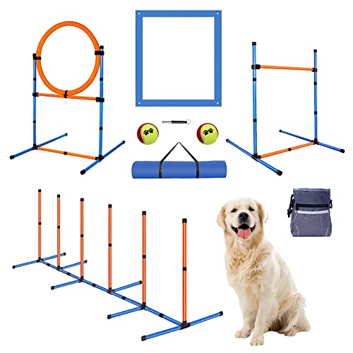 MKSY Agility-Ausrüstungsset für Hunde, Hinderniskurse, Starter-Set, inkl. verstellbarer Hochsprung-Hürde, Reifen, Webstangen, Pausenbox, Leckerli-Tasche mit einfacher Tragetasche von MKSY