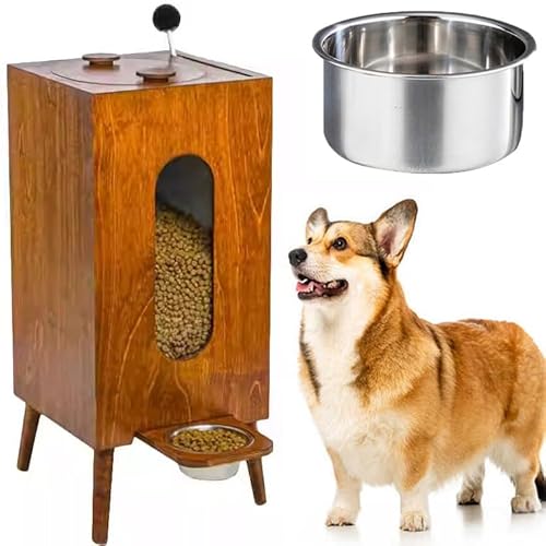 Erhöhter Futterspender aus Holz, Futterstation für Haustiere mit Edelstahlnäpfen, bietet Platz für 10 kg Hundefutter, mit Edelstahlnapf, Esstisch für Haustiere,B-L von MLYYYDSS