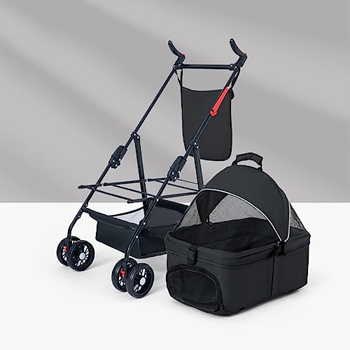 Haustier-Buggy, 4-Rad-Multifunktions-Haustierwagen, Faltbarer Reiseträger for Katzen und Hunde, Abnehmbarer Tragbarer Welpenkäfig, Schiebebox for kleine Haustiere mit Aufbewahrungskorb, 3-in-1-Funktio von MMBUY