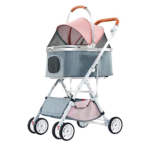 Haustier-Buggy, faltbarer Haustier-Trolley, 3-in-1-Hundebuggy, Reisetrolley for Katzen und Hunde, Transportbox for behinderte Haustiere – mit abnehmbarem Korb und Aufbewahrungstasche, grau(Pink) von MMBUY