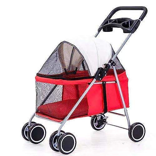 Haustier-Kinderwagen, 4-Rad-Klappkinderwagen for Haustiere, 15 kg Katzen- und Hundekinderwagen, Abnehmbarer Jogging-Kinderwagen, Hunde- und Katzenkäfig mit Reißverschlusskette und Getränkehalter, Rot( von MMBUY