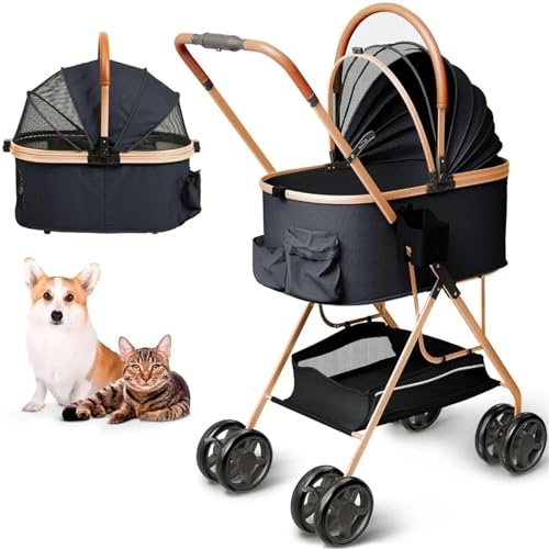 Kinderwagen for Haustiere, Kinderwagen for Katzen/Hunde, zusammenklappbarer Hundewagen, Hundewagen, Haustierwagen, Katzenwagen – kein Reißverschluss am Eingang, einfach zusammenzuklappen, mit abnehmba von MMBUY