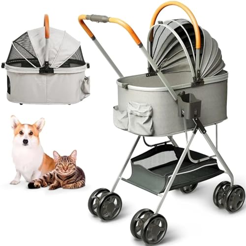 Kinderwagen for Haustiere, Kinderwagen for Katzen/Hunde, zusammenklappbarer Hundewagen, Hundewagen, Haustierwagen, Katzenwagen – kein Reißverschluss am Eingang, einfach zusammenzuklappen, mit abnehmba von MMBUY