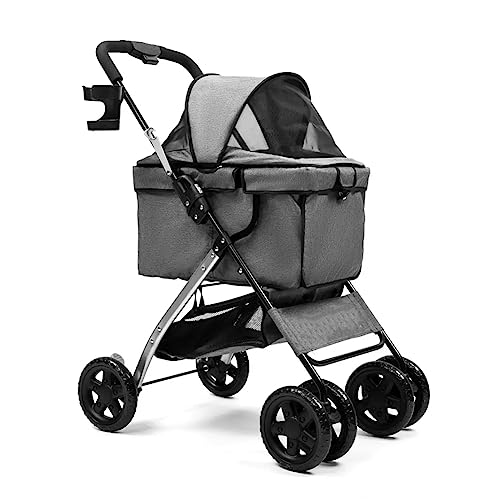 MMBUY Haustier-Kinderwagen, 4-Rad-Haustierwagen, Faltbarer Katzen- und Hundewagen, Go Out Puppy Kitty-Kinderwagen, abnehmbares Verdeck, leichte Karosserie mit Universalrädern, Grün(Dark Gray) von MMBUY