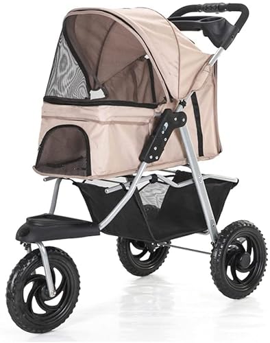 MMBUY Haustier-Kinderwagen, Hundebuggy for mittelgroße und kleine Hunde mit großen Rädern, Hundebuggy mit 3 Rädern, Haustier-Buggy for Katzen/Hunde, Kinderwagenträger(Khaki) von MMBUY