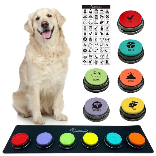 MMGGAISH 6 Hundeknöpfe, Hundeknopf für Kommunikation, 30-Sekunden beschreibbarer Hundetrainingsknopf mit wasserfestem, rutschfestem Pad und 50 Aufklebern, um Ihrem Hund das Sprechen beizubringen von MMGGAISH