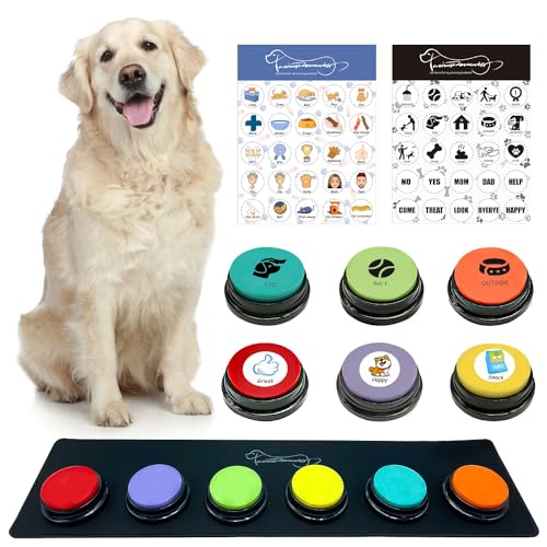 MMGGAISH 6 Hundeknöpfe, Hundeknopf für Kommunikation, 30-Sekunden beschreibbarer Hundetrainingsknopf mit wasserfestem, rutschfestem Pad und 50 Aufklebern, (6 Buttons+mat) von MMGGAISH