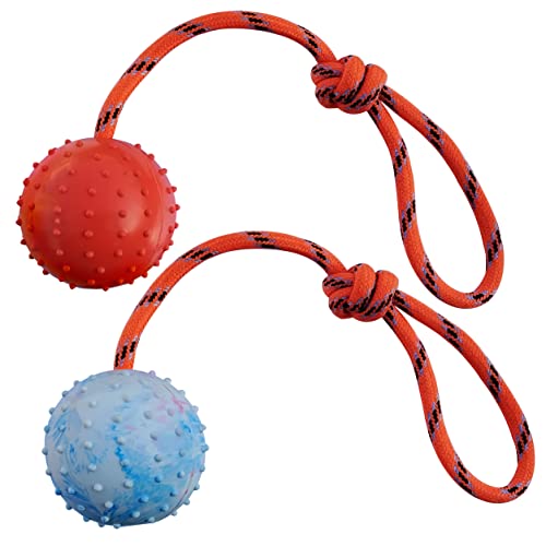 MMSGA 2Pcs Ball am Seil für Hunde und Katzen，trainingsball mit Seil,Hohlkugel aus Naturgummi Für Apportieren,Werfen und Schleppen des Krieges,Nicht geeignet für Starke Kaukraft Hund (L, Weiß+Rot) von MMSGA