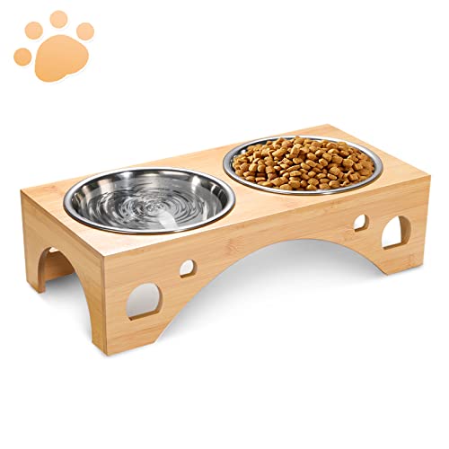 MMcRRx Futterstation für Katzen und Hunde,futterstation Hund, Ø17.5cm hundenapf Grosse Hunde aus Edelstahl, Hund Futternapf mit Bambus Ständer für Hunde & Katzennäpfe von MMcRRx