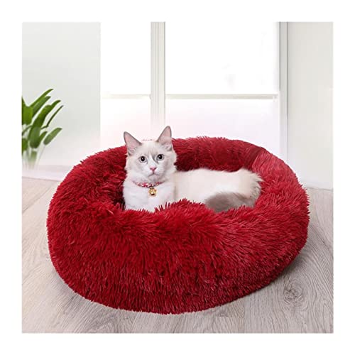 MNEVZX Hundebett Hundebett Zwinger Runde Katze Winter Warmes Hundehaus Schlafsack Langer Plüsch Superweiches Haustierbett Haustierbett(Red Wine,60cm) von MNEVZX